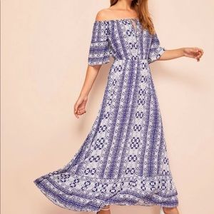 Keyhole off shoulder tribal print dress